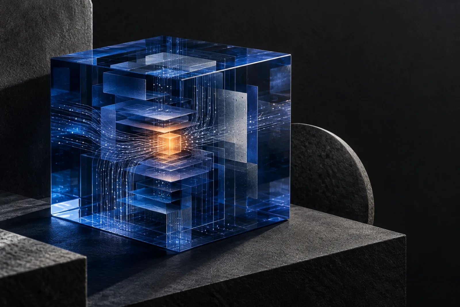 Abstract glass cube revealing layered information and a warm central light