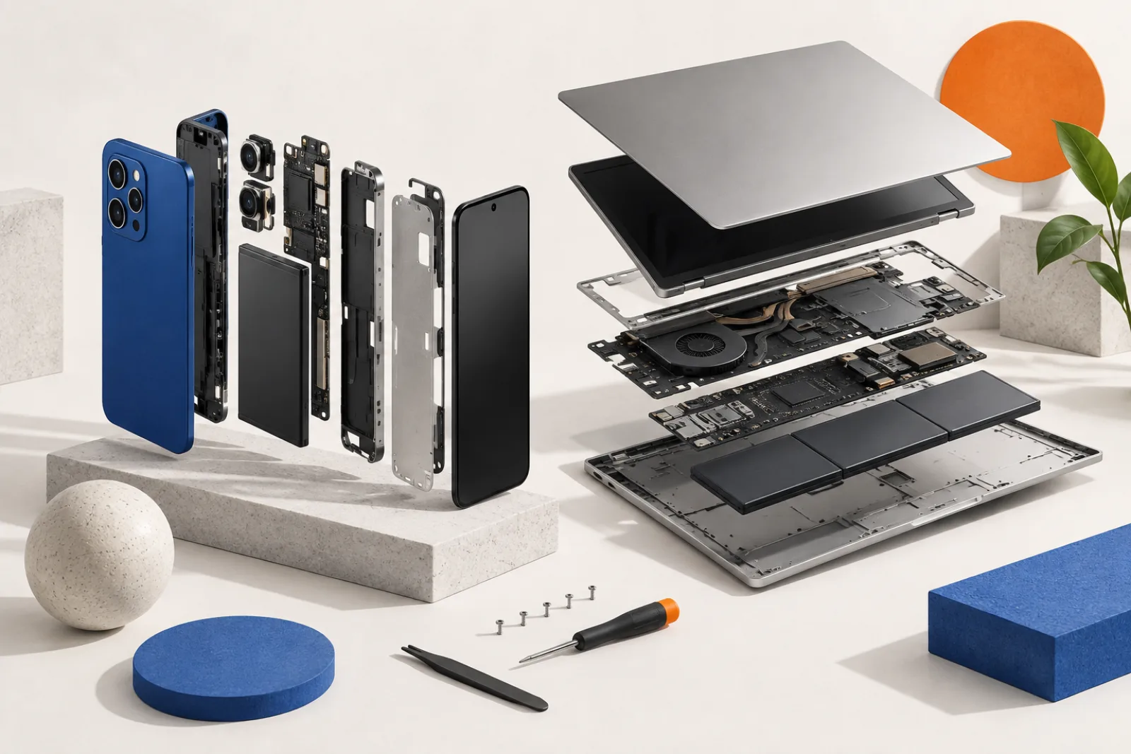 Unbranded phone and laptop shown as carefully separated repairable layers