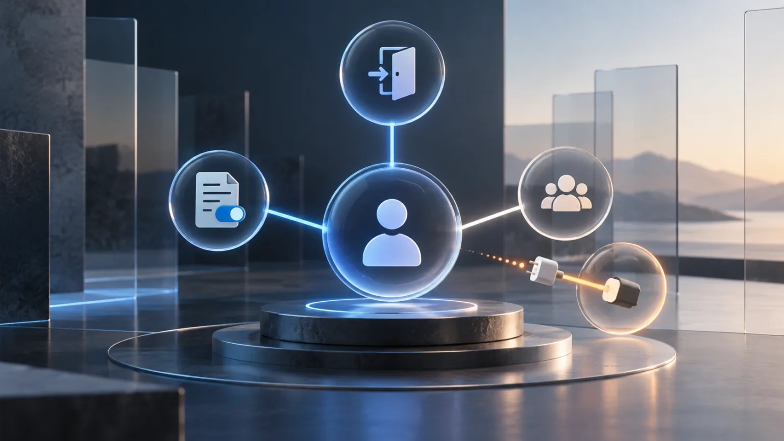 Abstract identity connection hub branching into sign-in, data permissions and third-party access, with one connector safely detached