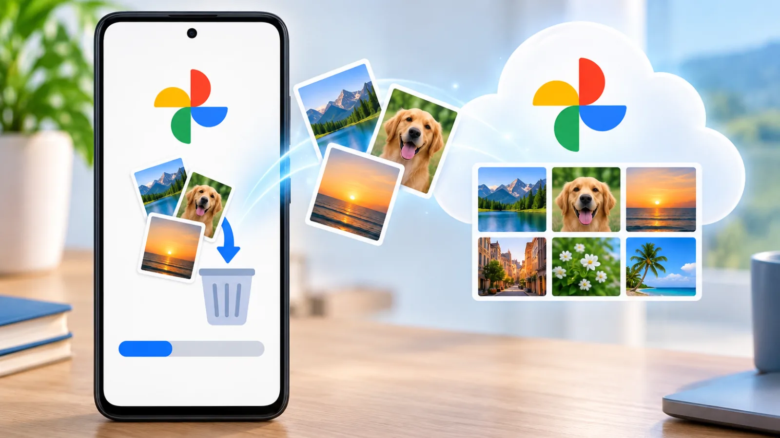 Illustration of a phone with cleared photo storage beside a cloud holding backed-up pictures.