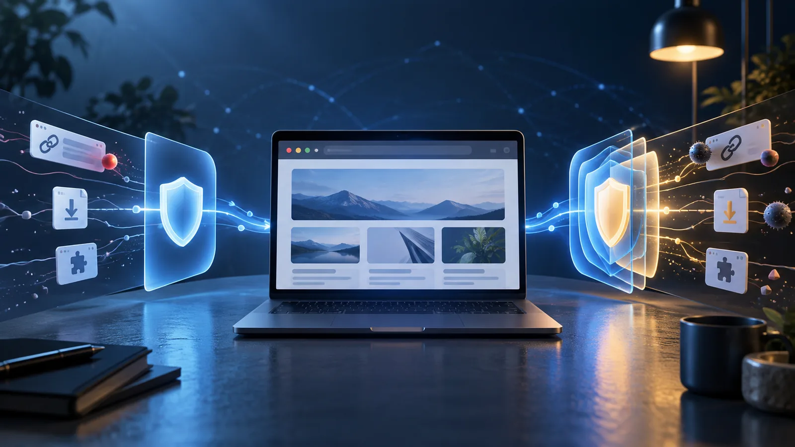 Conceptual browser window flanked by single and layered shields representing Standard and Enhanced Safe Browsing protection.