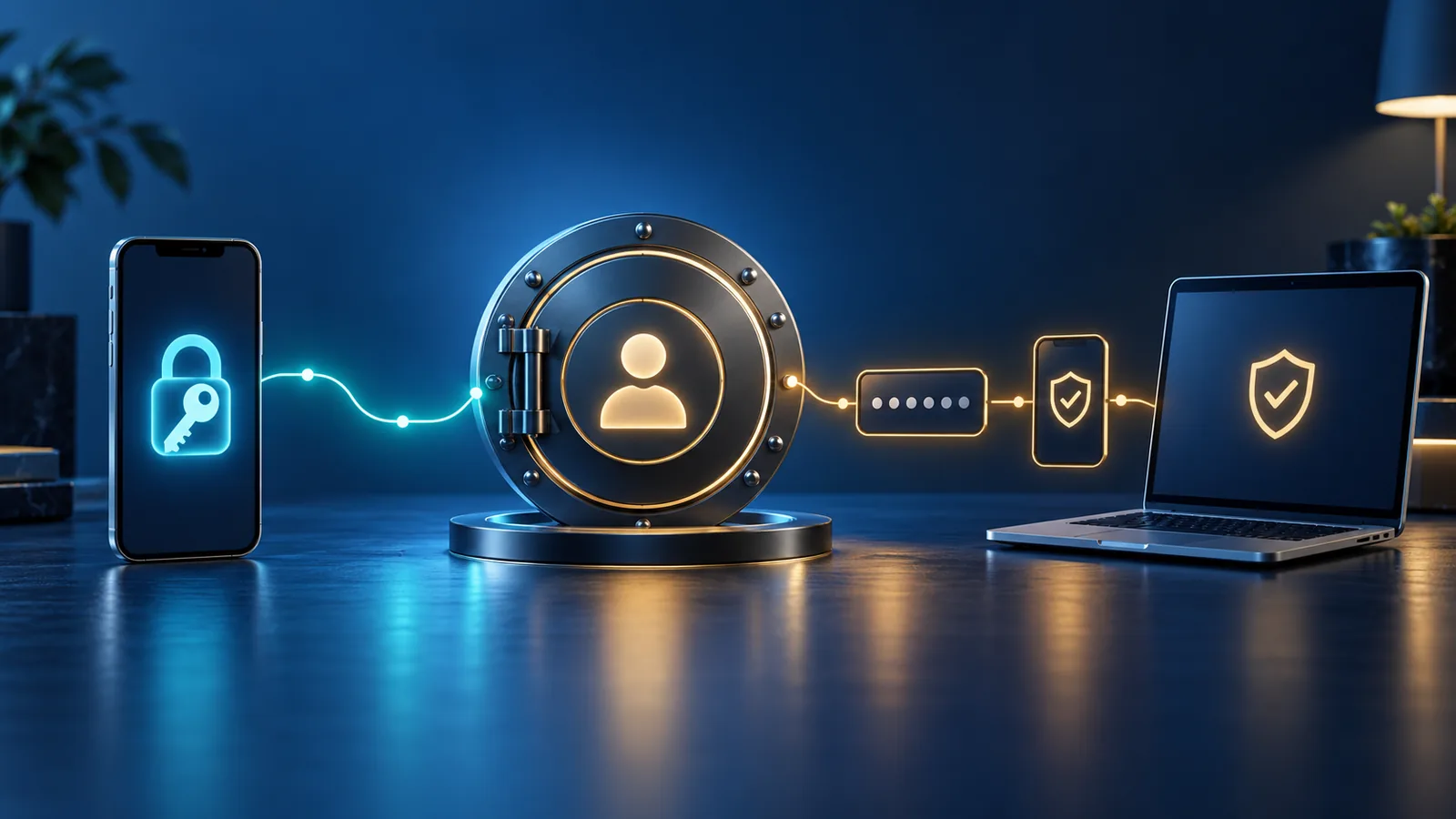 Conceptual security illustration showing a device passkey path and a separate password-plus-verification path protecting the same account.