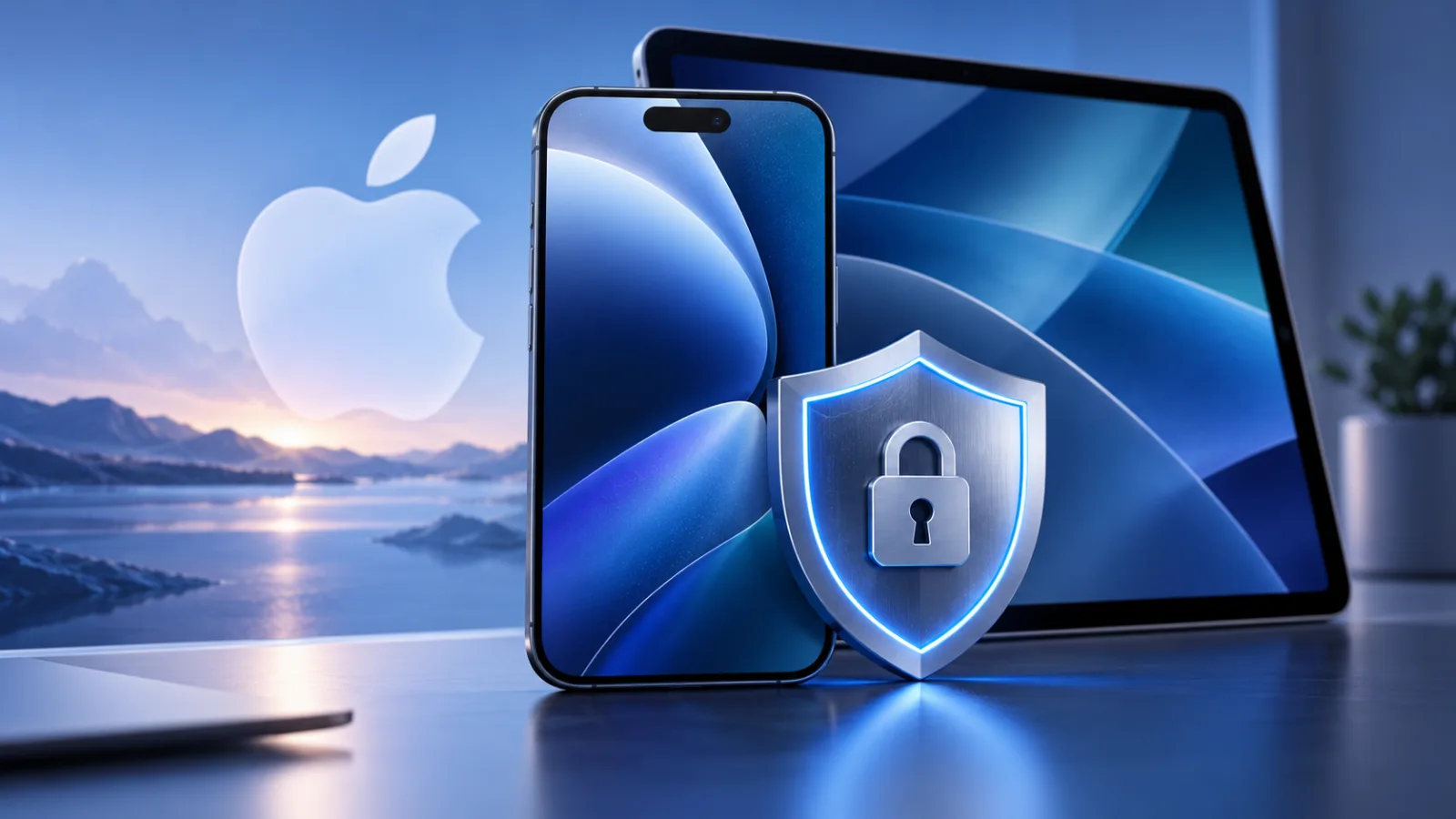 Smartphone beside an abstract shield representing a software security update.