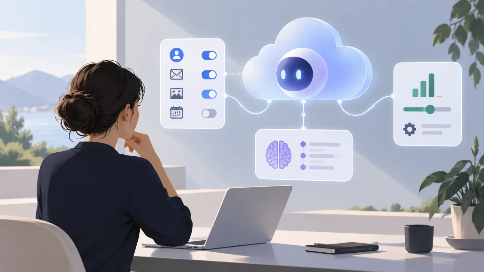 Illustration of separate controls for connected accounts, memory and AI training beside a cloud computer.