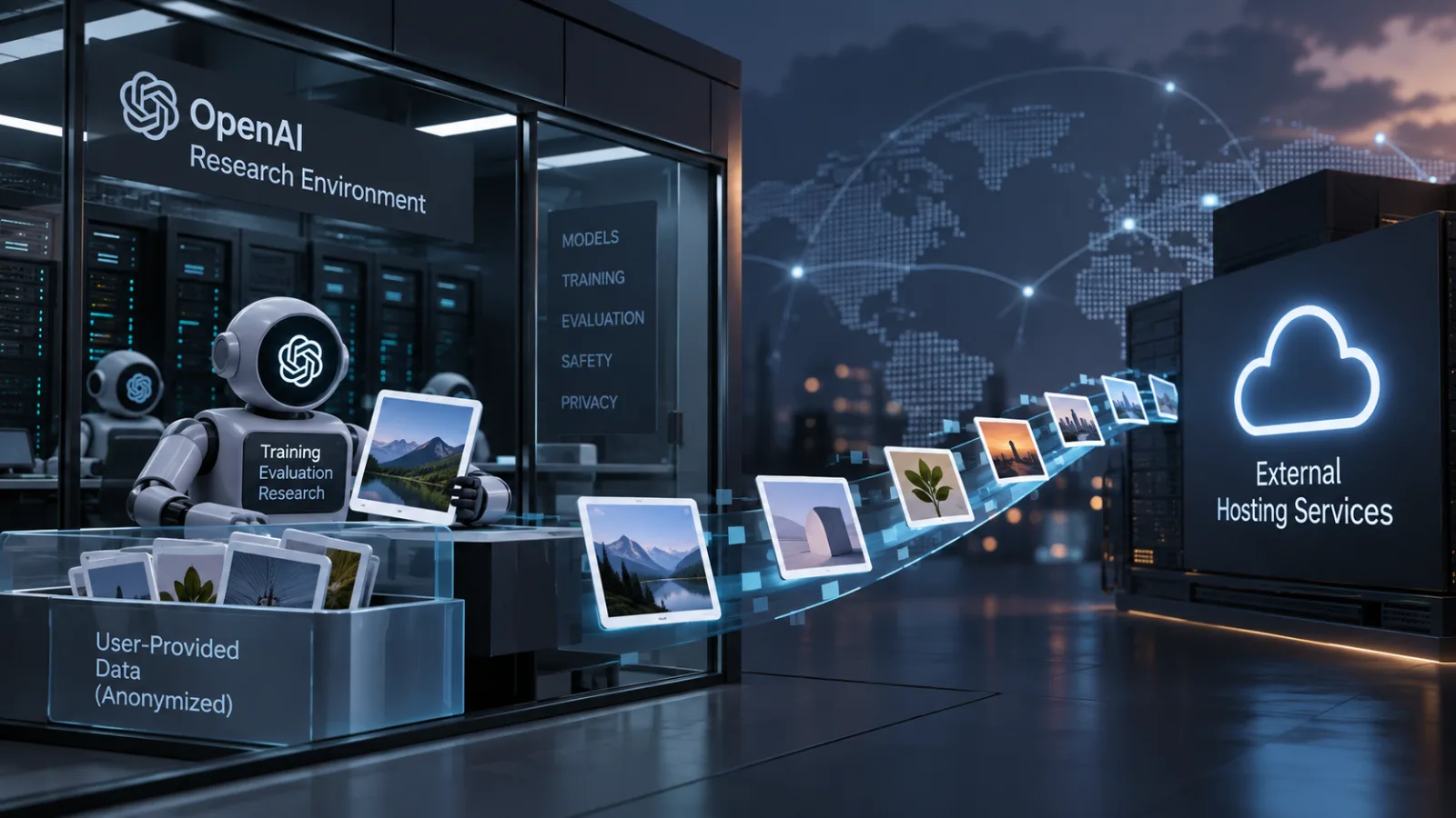 Illustration of anonymous image cards moving from an AI research environment to an external hosting service.