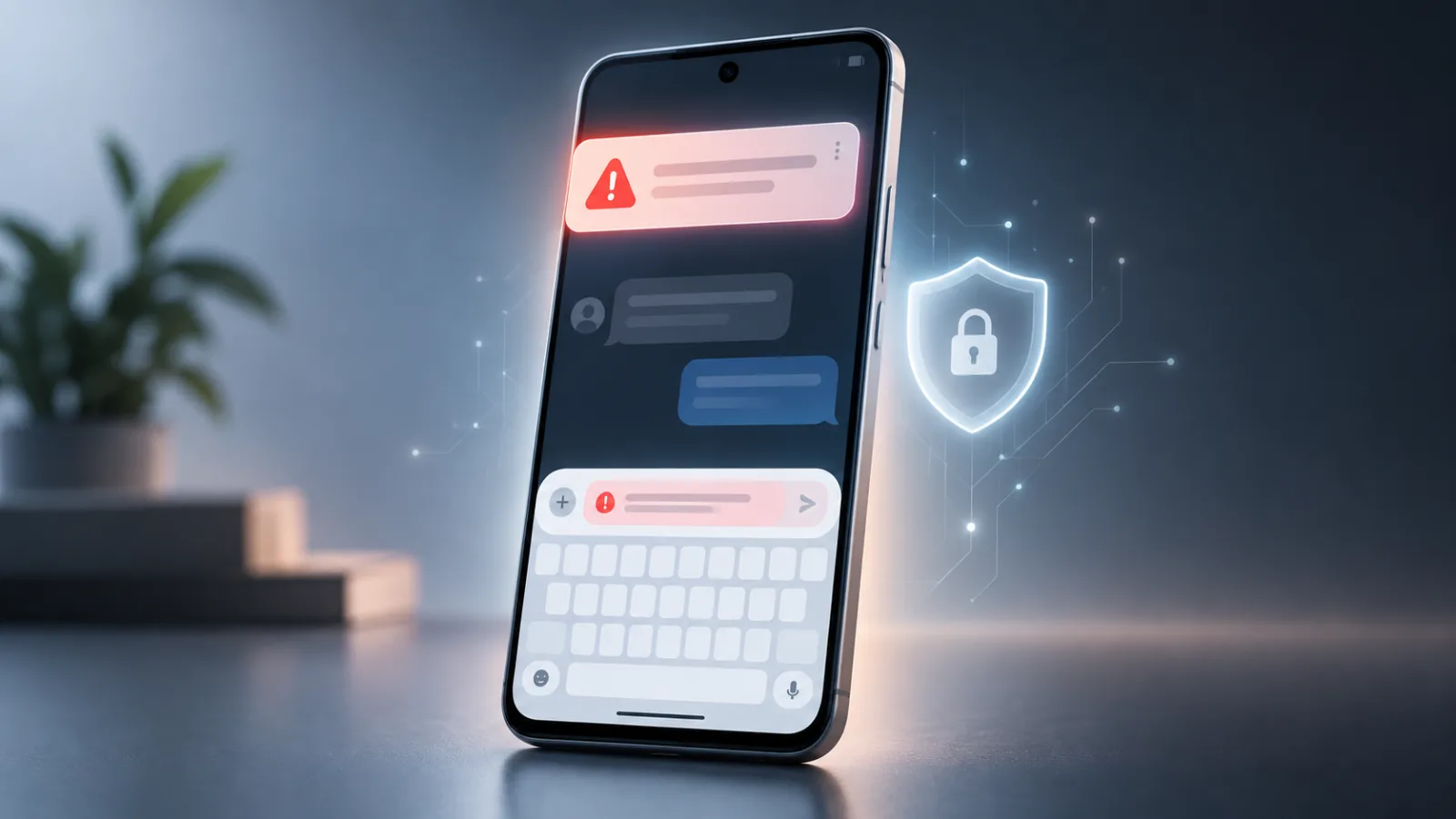 Conceptual illustration of a smartphone with separate scam alerts in a message notification and above the keyboard.