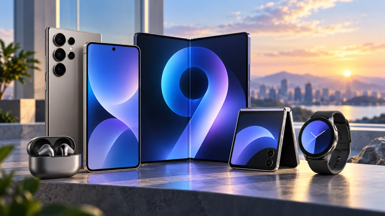 Illustration of Galaxy-style smartphones and foldables representing the One UI 9 software rollout.