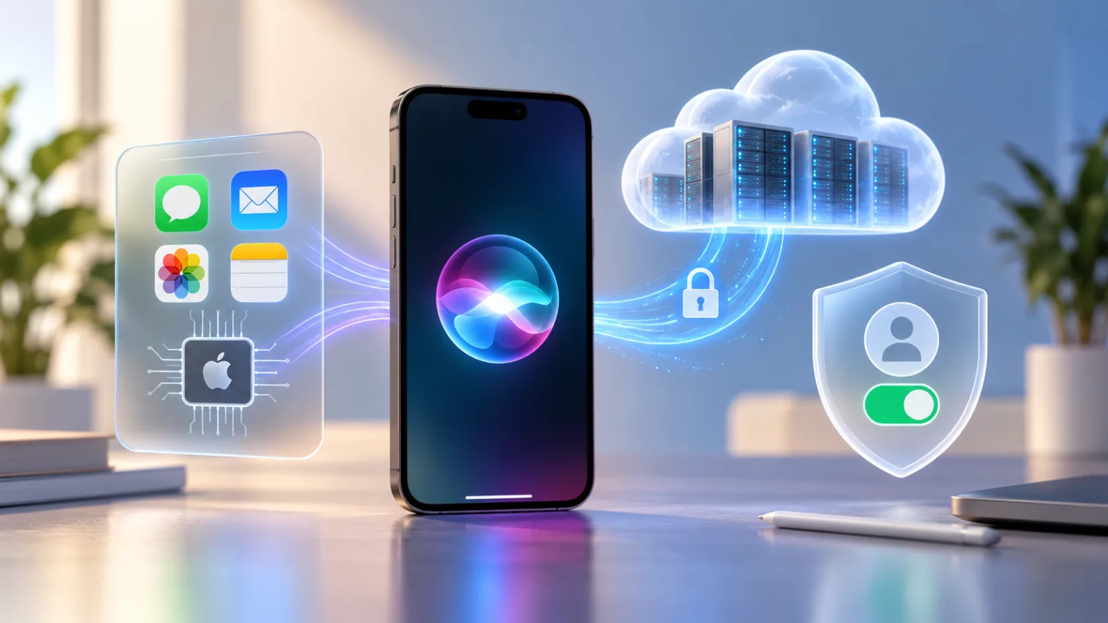 Illustration of an iPhone, a cloud and a separate switch representing Siri processing and optional improvement sharing.