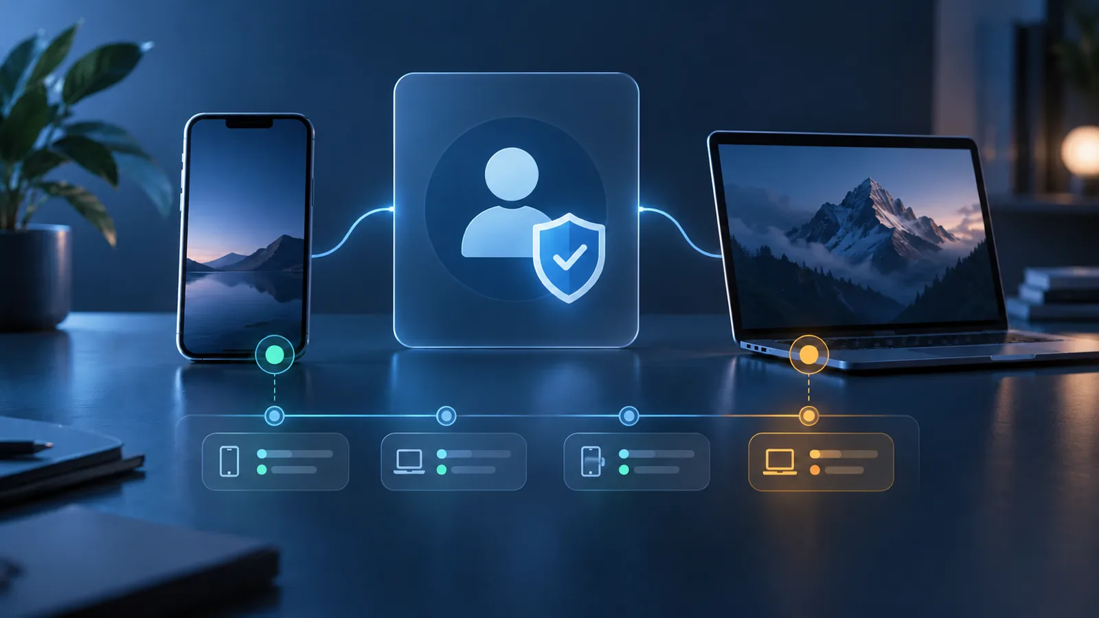 Conceptual account-security illustration showing a familiar phone and an unfamiliar computer session connected to one protected account.