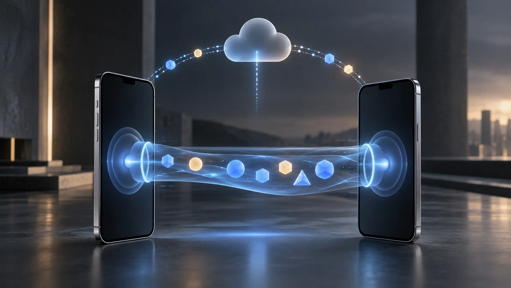 Two unbranded phones exchanging abstract authenticator tokens through a protected direct path beside a separate cloud sync route