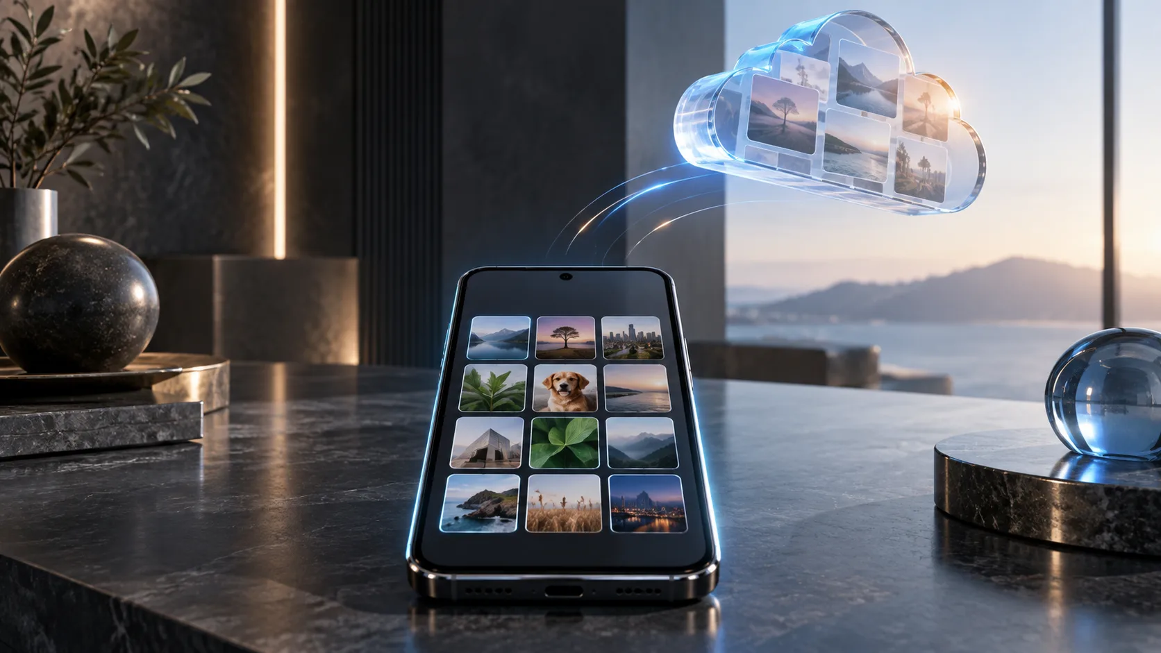 Unbranded smartphone holding local photo files beneath a separate cloud photo layer being disconnected