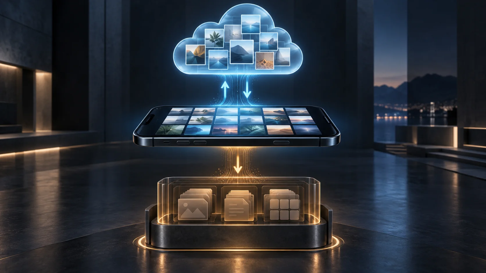 Generic smartphone photo library linked separately to a blue cloud sync layer and an amber device backup archive