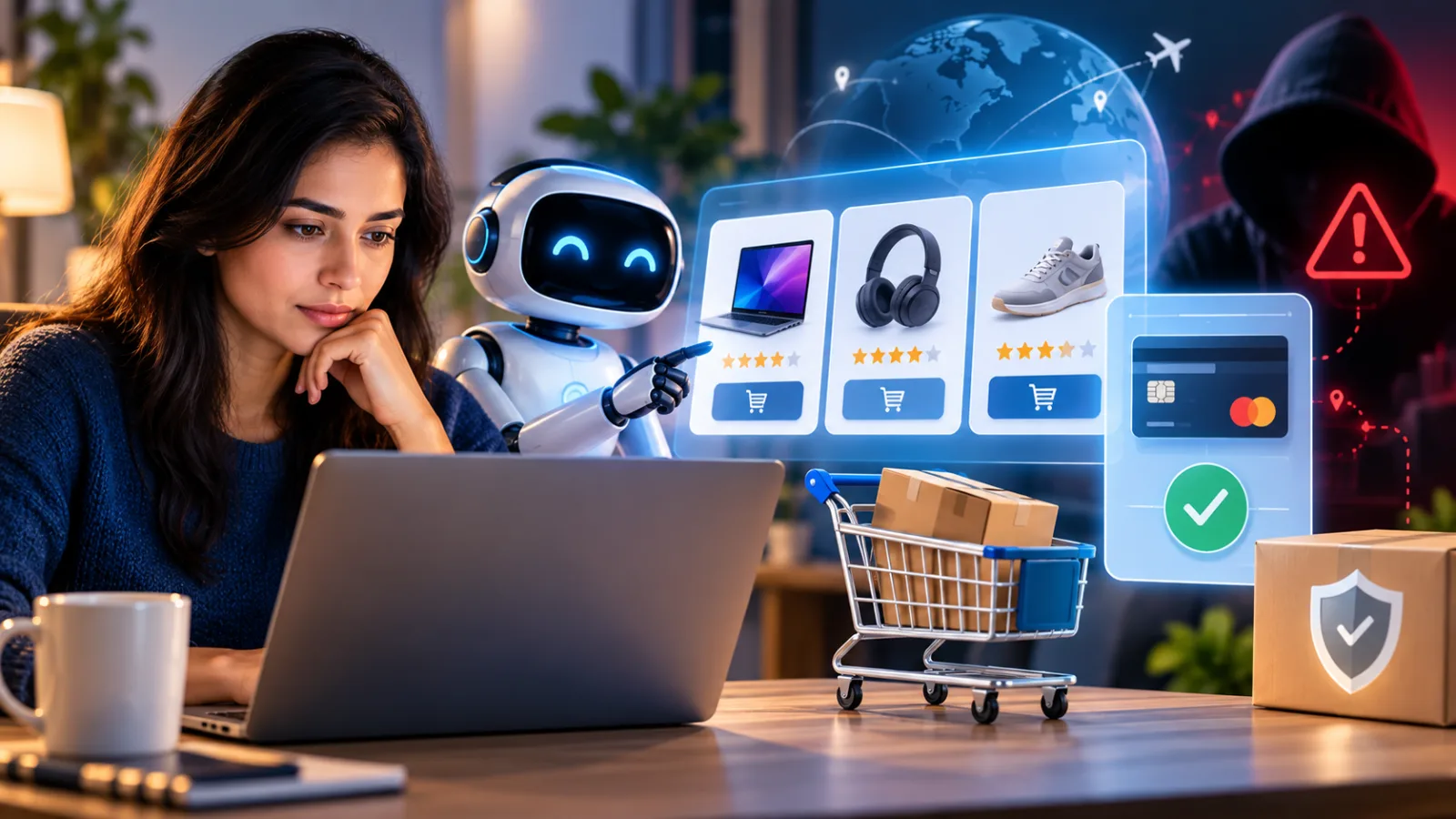 Illustration of a shopper checking the seller and payment details before approving an AI-assisted purchase.