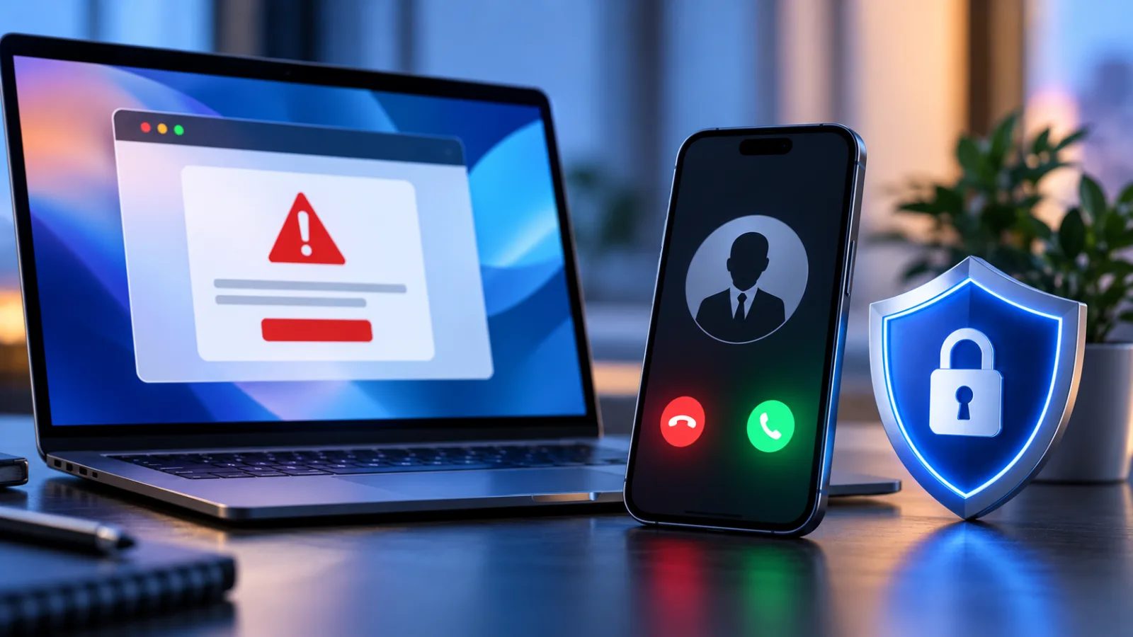 Conceptual illustration of a laptop warning panel beside a phone displaying an incoming call and a small shield symbol.
