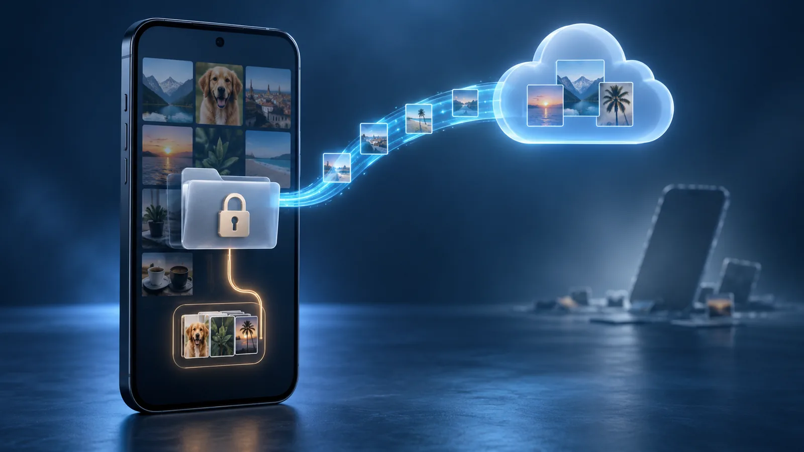 Conceptual illustration of a locked photo folder separating into a cloud-backup path and a device-only path on a phone.